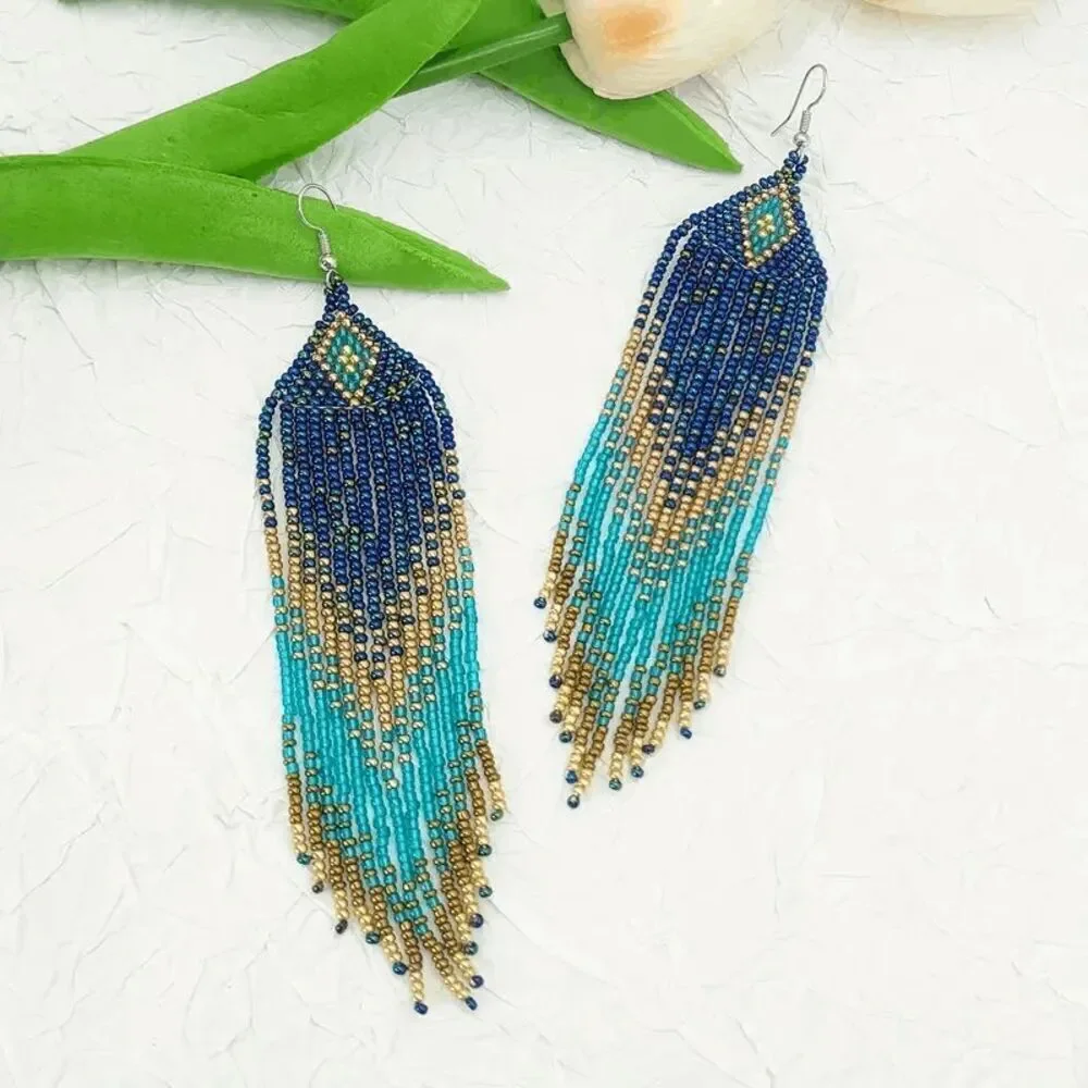 Tribal Boho Style Beaded Tassel Dangle Earrings